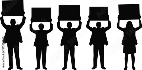 People silhouettes holding blank signs, protest demonstration concept for activism, social message and public awareness