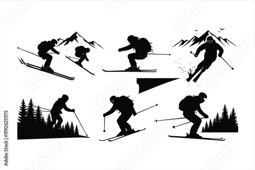 Skiing silhouettes, skiing icons, ski graphics, black ski illustrations, winter sports
