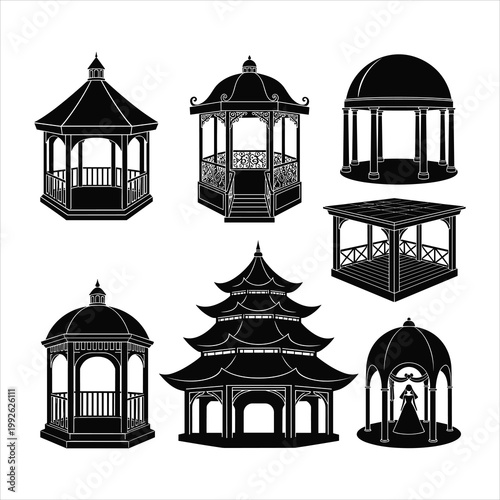 Black gazebo icons, pagoda style, vector illustrations, gazebo set, outdoor structures