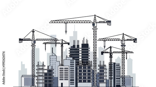 Minimalist Urban Construction Site Illustration Featuring Tower Cranes and Building Skeletons Against a City Skyline on White Background