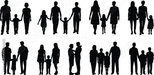 Family silhouettes set, parents and children holding hands, people figures collection, diverse family groups, parenting concept, human silhouettes vector illustration pack