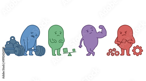 Four cartoon blob characters illustrating different emotional and physical states: struggling with weights, facing imbalance, flexing strength, and expressing frustration with gears.