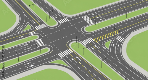 Complex highway intersection with multiple lanes and crossings.