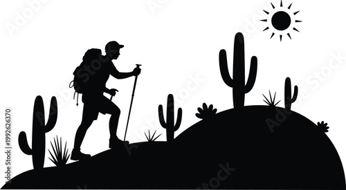 Hiker silhouette in desert landscape, cactus plants, backpack and walking stick, sun rays, outdoor adventure, trekking, nature exploration vector design