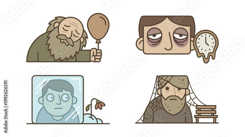 various states of sadness, weariness, and despair, including an old man with a deflated balloon, a tired person with a melting clock, a shocked reflection, and a neglected man covered in cobwebs.