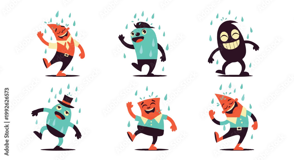 Naklejka premium Cartoon characters dancing in the rain illustration