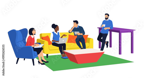 Diverse group of people socializing indoors.