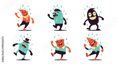 Cartoon characters dancing in the rain illustration