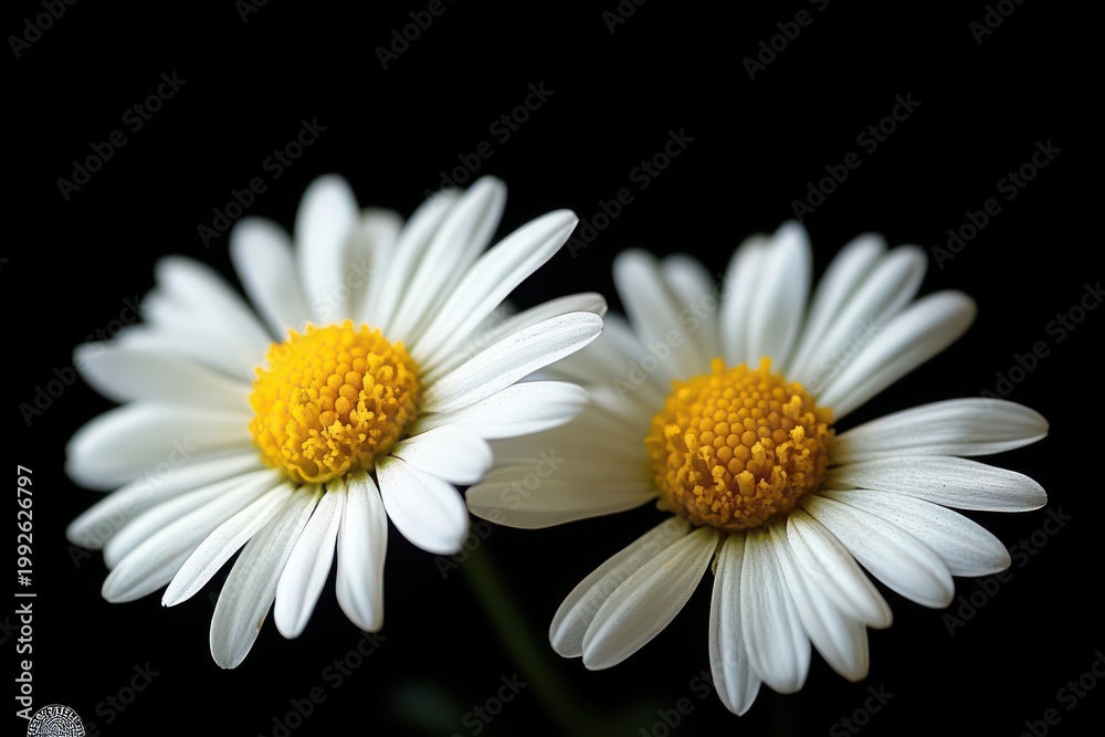 Fototapeta premium Two white daisies with bright yellow centers on a black background, delicate and serene close-up