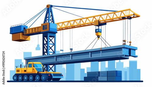 Industrial Tower Crane Lifting Steel Beam on Construction Site Illustration with City Skyline Background
