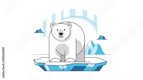 A polar bear on melting ice with mountains and sun rays in the background in a graphic illustration with a white background and blue tones.