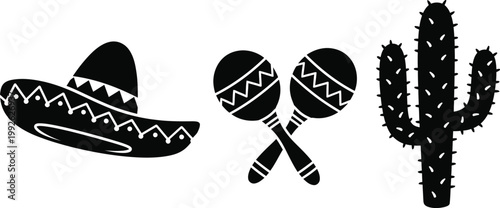 Mexican themed icons including a sombrero maracas and saguaro cactus