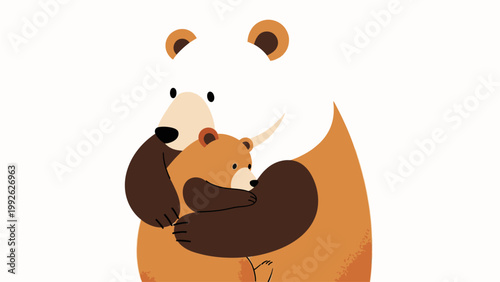 Illustration of a large bear embracing a smaller bear cub with a warm color palette against a clean white background.