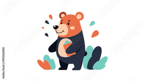A cartoon brown bear standing and holding a heart on a white background with colorful leaves and petals.