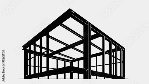 Black Silhouette of a Steel Building Frame Structure for Industrial Construction and Architectural Design. Modern Warehouse Skeleton on Transparent Background.