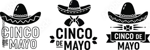 Three black silhouettes of sombreros with cinco de mayo text