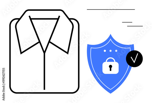 Secure laundry concept. Security displayed with padlock shield next to a shirt outline, garment care and protection. Perfect for laundry services, garment security, packaging, and eco-cleaning