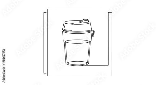 Minimalist continuous line drawing of a reusable coffee cup with lid, isolated on white.