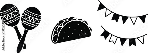 Fiesta fun Maracas a taco and colorful party decorations illustrated