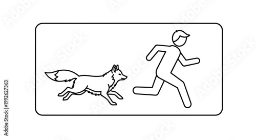 Man Running Away From Fox Silhouette, Concept of Danger, Chase, or Escape