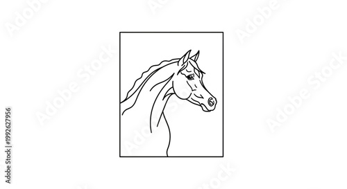 Elegant Arabian Horse Head Silhouette, Majestic Equine Profile, Black and White Line Art