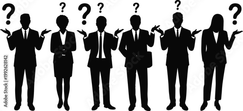 Business people silhouettes with question marks, confused team concept for decision making and uncertainty