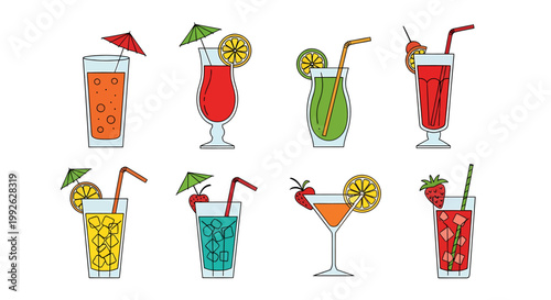 A collection of eight colorful fruity cocktails and mocktails, garnished with fruit and umbrellas, perfect for summer celebrations and refreshment