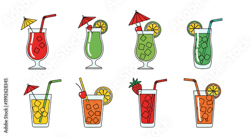 Colorful collection of refreshing summer cocktails and mixed drinks in various glasses with straws and garnishes, perfect for celebrations