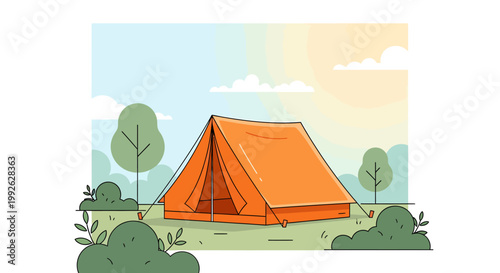 A cozy orange tent set up in a sunny forest clearing with lush green trees and bushes, perfect for outdoor adventures