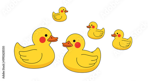 Cute yellow rubber ducks family illustration, a mother duck and her ducklings swimming happily together on a white background, joyful scene