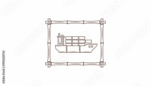 Cargo Ship Illustration Framed by Bamboo Border