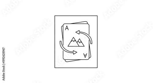 Ace Playing Cards with Mountain Illustration and Rotating Arrows Icon