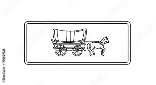 Vintage Horse Drawn Covered Wagon Silhouette on White Background