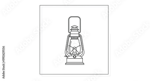 Vintage kerosene lantern, oil lamp, antique lighting, retro style, isolated on white background, line art illustration