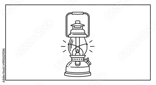 Vintage Oil Lantern with Glowing Flame and Light Rays, Retro Camping Light