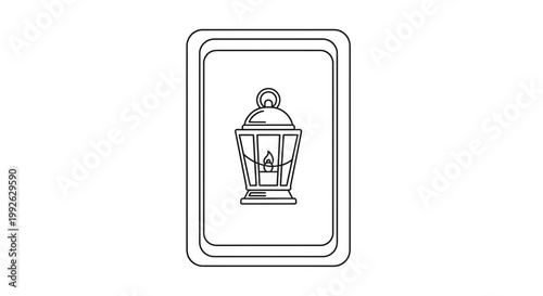 Vintage Lantern with Candle Flame, Old Fashioned Light Source, Black and White Outline Icon
