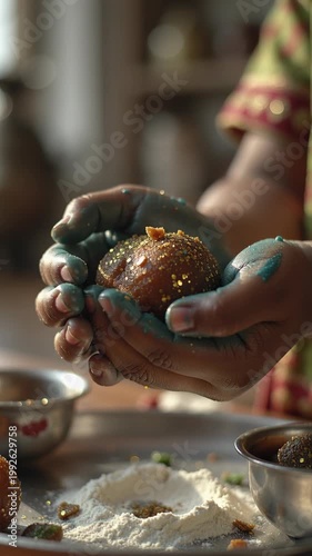 Indian woman with colorful hands shapes sweet dessert ball with edible glitter in a kitchen setting, bowls of ingredients and flour on the table