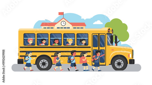 A yellow school bus with children boarding and exiting, set against a backdrop of a school building and tree under a blue sky.