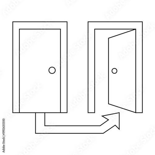 Open door with arrow showing the way to new opportunities business exit entry icon.Editable stroke, Vector illustration, Line art Icon, Symbols.