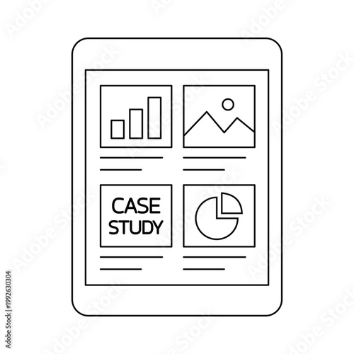 Case study report on digital tablet with charts and graphics business analysis icon.Editable stroke, Vector illustration, Line art Icon, Symbols.