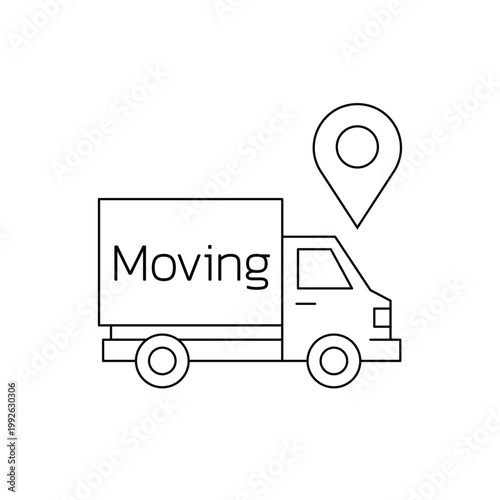 Moving truck with location pin icon for relocation and delivery logistics concept.Editable stroke, Vector illustration, Line art Icon, Symbols.