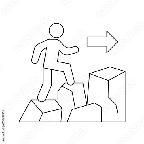 Man climbing rocks towards success arrow overcoming business challenges line icon.Editable stroke, Vector illustration, Line art Icon, Symbols.