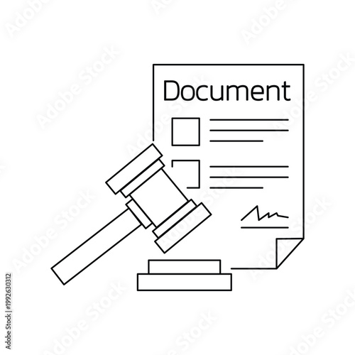 Legal document with judge gavel icon for law justice and contract agreement concept.Editable stroke, Vector illustration, Line art Icon, Symbols.