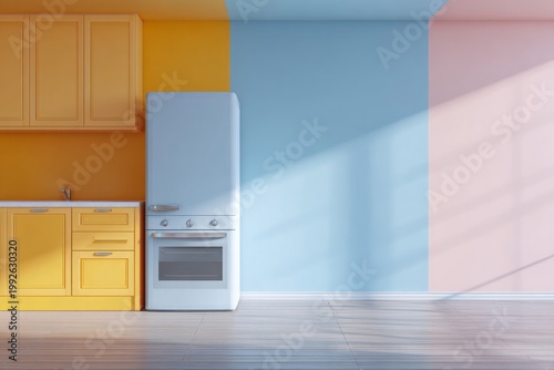 Bright kitchen with retro refrigerator and colorful walls.