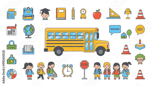 Flat lay illustration of various school-related icons and cartoon characters on a white background with a colorful and educational mood.