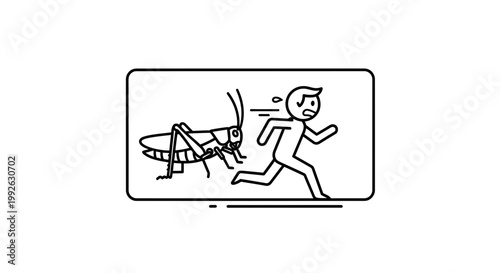 Scared Man Running Away from Giant Grasshopper - Funny Cartoon Style