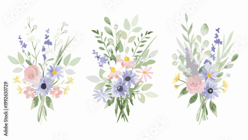 Watercolor floral bouquets delicate arrangements of roses wildflowers and greenery