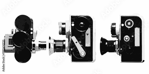 Exploded view of a vintage super 8 film camera sketched in monochrome