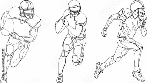 Line art depiction of three american football players in action