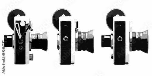 Vintage twin lens reflex cameras displayed in a black and white arrangement